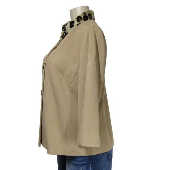 CHICOS Camel Tan LEOPARD Animal Print Faux fur Collar Retro Swing Jacket 1 M 8 - Picture 4 of 14